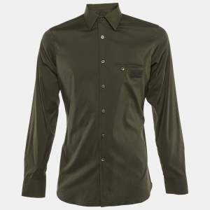 Pre Owned Prada Olive Green Cotton Blend Logo Detail Full Sleeve Shirt M
