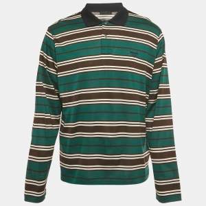 Pre Owned Prada Green Striped Logo Embroidered Cotton Polo Shirt XL