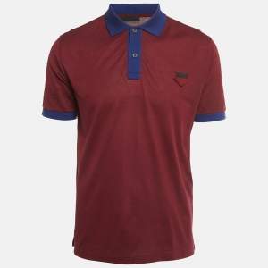 Pre Owned Prada Burgundy & Blue Cotton Triangle Logo Applique Two Tone Polo T-Shirt XXL