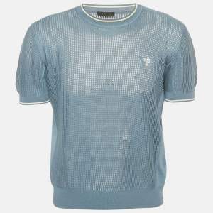 Pre Owned Prada Slate Blue Logo Embroidered Open Knit T-Shirt S
