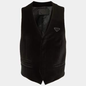 Pre Owned Prada Black Velvet Triangle Logo Plaque Waistcoat M