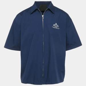 مملوكة مسبقًا Prada Blue Cotton Logo Print Short Sleeve Zip Shirt S