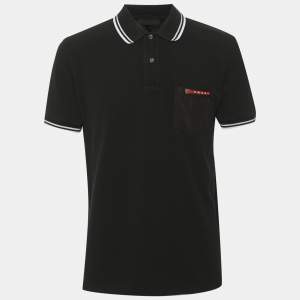 مملوكة مسبقًا Prada Black Cotton Pique Striped Trim Detail Polo T-Shirt M