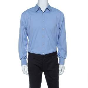 Prada Blue Cotton Blend Full Sleeve Shirt M