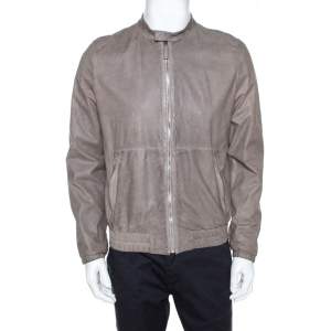 Prada Grey Leather Zip Front Bomber Jacket L