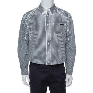 Prada White & Grey Stripe Print Cotton Long Sleeve Shirt XXL
