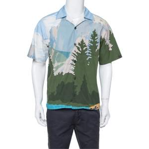 Prada Light Blue Mountains Print Cotton Camp Collar Shirt L