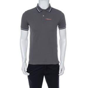 Prada Grey Cotton Pique Stripe Detail Polo T-Shirt S