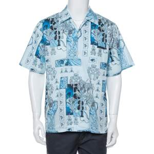 Prada Blue Robot Printed Cotton Bowling Shirt XL