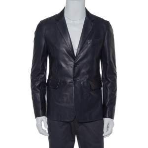  Prada Navy Blue Leather Single Breasted Jacket M