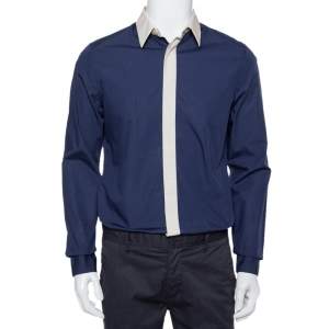 Prada Navy Blue Cotton Contrast Collar & Placket Detail Button Front Shirt L 