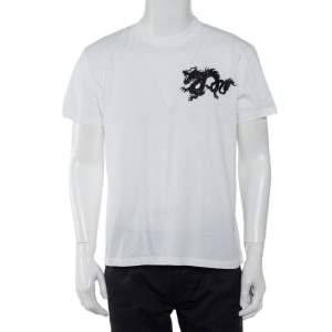 Prada White Cotton Dragon Embroidered Crewneck T-Shirt XXL