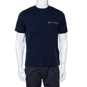 Prada Navy Blue Cotton Contrast Trim Zip Pocket Detail Crewneck T-Shirt L