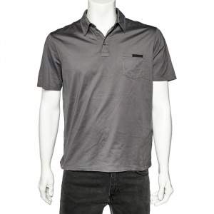Prada Grey Cotton Pocket Detail Polo T-Shirt L