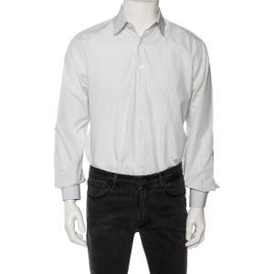 Prada White Striped Cotton Checkered Collar Detail Button Front Shirt M