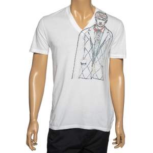 Prada White Man Sketch Print V-Neck Short Sleeve T-Shirt M