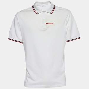 Prada White Textured Cotton Striped Trim Polo T-Shirt 3XL