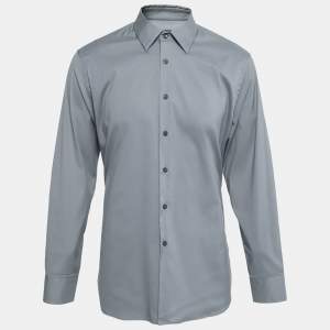 Prada Iron Grey Cotton Poplin Stretch Long Sleeve Shirt XXL