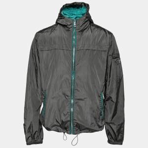 Prada Grey Synthetic Drawstring Detail Hooded Zip Front Jacket XXL