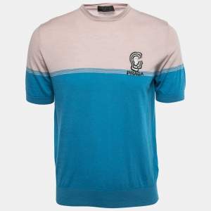 Prada Blue Logo Embroidered Wool Knit Short Sleeve T-Shirt L