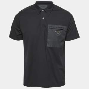 Prada Black Stretch Cotton Nylon Detail Pocket Polo T-Shirt L