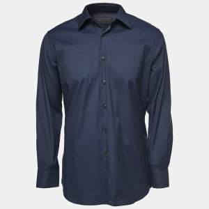 Prada Navy Blue Stretch Cotton Button Front Shirt L