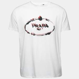 Prada White Cotton Logo Printed & Embroidered Crew Neck T-Shirt XL