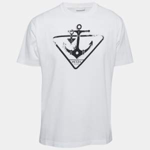 Prada White Anchor Print Cotton Crew Neck T-Shirt L