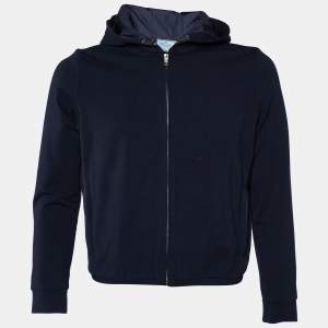 Prada Navy Blue Cotton Knit Hooded Jacket XL