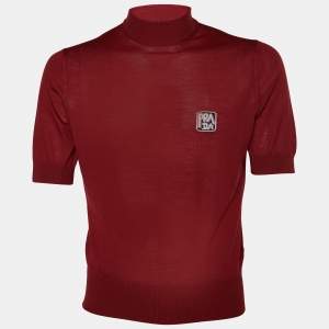 Prada Burgundy Wool Knit Mock Neck Short Sleeve Sweater S