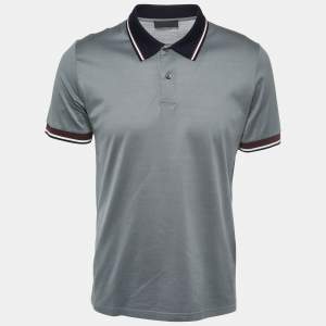 Prada Grey Cotton Contrast Collar Polo T-Shirt L