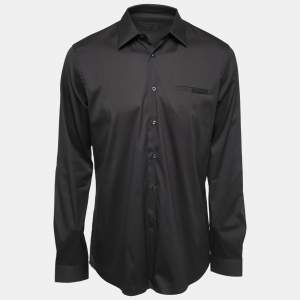 Prada Black Grey Cotton Button Front Full Sleeve Shirt XL