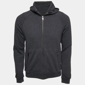 Prada Dark Grey Cotton Knit Zip Front Hooded Jacket M