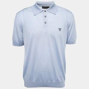 Prada Blue Wool Knit Logo Embroidered Polo T-Shirt XXL