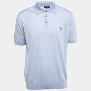 Prada Light Blue Wool Knit Polo T-Shirt 2XL