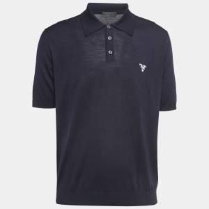 Prada Navy Blue Superfine Wool Knit Logo Embroidered Polo T-Shirt XXL