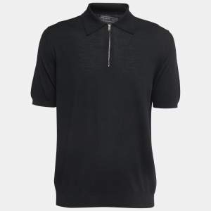 Prada Black Wool Zip Detail Polo T-Shirt XXL