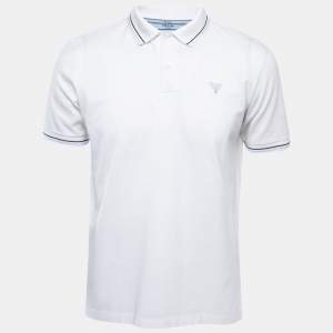 Prada White Logo Embroidered Cotton Pique Polo T-Shirt L