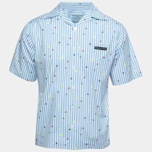 Prada Blue Polka Dot Striped Cotton Button Front Half Sleeve T-Shirt M