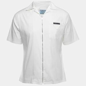 Prada White Stretch Cotton Zip-Up Short Sleeve Shirt L