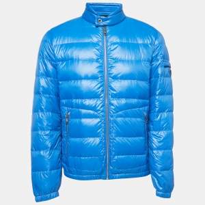 Prada Blue Quilted Nylon Logo Patch Zip Front Down Jacket L