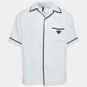 Prada White Terry Cotton Logo Plaque Short Sleeve Shirt L