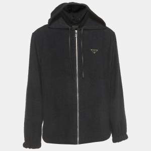 Prada Black Terry Cotton Logo Plaque Hooded Jacket L