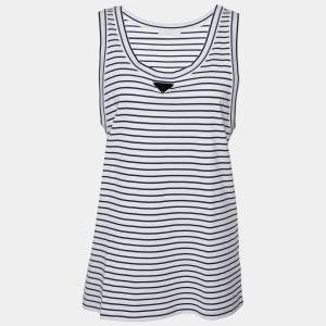 Prada White/Blue Striped Cotton Logo Detail Sleeveless T-Shirt XL
