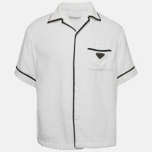 Prada White Terry Cotton Logo Detail Bowling Shirt L