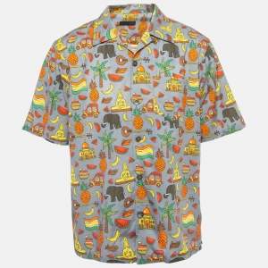 Prada Grey/Multicolor Printed Cotton Bowling Shirt XXL