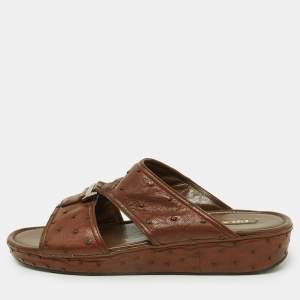 Prada Brown Ostrich Leather Flat Sandals Size 44