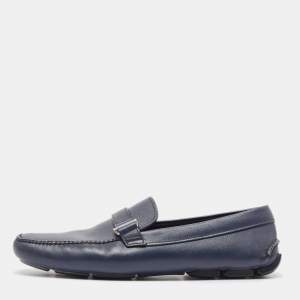 Prada Navy Blue Leather Buckle Detailing Loafers Size 45.5