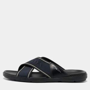 Prada Blue Leather and Canvas Logo Tape Crisscross Slides Size 43