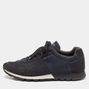Prada Sport Black/Blue Canvas Low-Top Sneakers Size 46